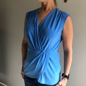 Blue faux wrap knit blouse